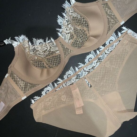 Victoria's Secret unlined 32DD,32DDD,34D BRA SET BEIGE white embroidery APPLIQUE - Picture 4 of 4